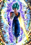  1boy aura blue_eyes blue_hair blue_pants blue_sash blue_shirt debris dragon_ball dragon_ball_super earrings energy_sword gloves highres jewelry orange_shirt pants potara_earrings sash sekitsuki_hayato shirt short_sleeves sleeveless sleeveless_shirt smirk solo super_saiyan super_saiyan_blue sword vegetto weapon white_gloves 