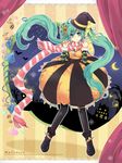  aqua_eyes aqua_hair bad_id bad_pixiv_id halloween hat hatsune_miku jewelry long_hair necklace pantyhose ragu scarf shoes solo striped striped_scarf twintails very_long_hair vocaloid witch_hat 
