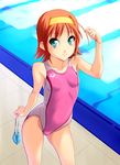  arena_(company) breasts competition_swimsuit covered_nipples goggles goggles_removed green_eyes headband kimi_ga_nozomu_eien norizou_type-r one-piece_swimsuit orange_hair pool poolside refraction short_hair small_breasts solo suzumiya_akane swim_cap swimsuit 