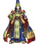  1boy blue_cape blue_gloves book cape dark_blue_gloves fingerless_gloves fire_emblem fire_emblem:_mystery_of_the_emblem fire_emblem_heroes gloves green_eyes green_hair highres holding holding_book looking_at_viewer merric_(fire_emblem) merric_(wind_pontifex)_(fire_emblem) multicolored_cape multicolored_clothes non-web_source official_alternate_costume official_art pointy_hat reaching reaching_towards_viewer red_cape sandals short_hair smile solo tachi-e 