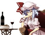  alcohol bad_id bad_pixiv_id blue_hair chair chin_rest cookie cup drinking_glass food glass hat matsuyama_nozomu red_eyes remilia_scarlet short_hair sitting solo touhou wine wine_glass 