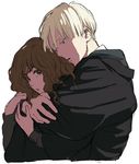  1girl backlighting bangs blonde_hair brown_eyes brown_hair colored_eyelashes couple draco_malfoy from_side hand_on_another's_arm harry_potter head_to_head hermione_granger hetero hood hood_down hug hug_from_behind long_hair long_sleeves looking_at_viewer maiko_(setllon) parted_lips robe sideways_glance simple_background upper_body wavy_hair white_background wide_sleeves 
