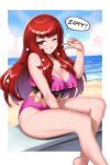  1girl alternate_costume blush breasts burnt_green_tea cleavage clothing_cutout facial_mark fire_emblem fire_emblem_engage hair_ornament highres large_breasts long_hair looking_at_viewer one-piece_swimsuit one_eye_closed outdoors pink_one-piece_swimsuit red_eyes red_hair sitting smile solo star_(symbol) star_facial_mark star_hair_ornament swimsuit thighs yunaka_(fire_emblem) 