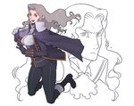  1girl alucard_(castlevania) belt boots breasts castlevania castlevania:_symphony_of_the_night chain cleavage cravat dual_persona fingerless_gloves g-room_honten genderswap genderswap_(mtf) gloves grey_hair large_breasts long_hair pointy_ears red_eyes silver_hair 