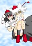  animal_ears black_hair blood blush bruise carrying cuts detached_sleeves hat injury inubashiri_momiji multiple_girls princess_carry red_eyes shameimaru_aya short_hair siyoyu tokin_hat torn_clothes touhou white_hair wolf_ears 