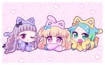  3girls :d animal_ear_hairband animal_ears animal_hands black_bow blonde_hair blue_bow blue_hair blunt_bangs bow braid cat_ear_hairband cat_ears cat_tail chibi closed_mouth crossed_arms diamond_earrings earrings fake_animal_ears fang gloves green_eyes green_hair grey_hair hair_bow hairband hand_on_own_cheek hand_on_own_face heart heart_background highres idol_clothes idol_time_pripara jewelry koda_michiru koyoshi_yoko long_hair long_sleeves looking_at_viewer lying miichiru_(pripara) multicolored_hair multiple_girls nijiiro_nino on_stomach one_eye_closed open_mouth orange_bow paw_gloves pink_background pretty_series pripara purple_eyes purple_hair red_eyes ringlets short_hair smile striped_background swept_bangs tail twin_braids two_side_up very_long_hair wavy_hair yellow_hairband yumekawa_yui 