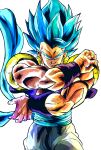  1boy absurdres blue_eyes blue_hair blue_sash cowboy_shot dragon_ball dragon_ball_super fighting_stance gogeta highres looking_at_viewer male_focus metamoran_vest oharu2000 pants sash sleeveless smile solo spiked_hair super_saiyan super_saiyan_blue v-shaped_eyebrows white_background white_pants widow&#039;s_peak wristband 