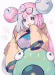  1girl :d asatte_3z bellibolt blue_hair bow-shaped_hair character_hair_ornament hair_ornament highres iono_(pokemon) jacket long_hair long_sleeves looking_at_viewer multicolored_hair open_mouth pink_hair pokemon pokemon_sv sharp_teeth sleeves_past_fingers sleeves_past_wrists smile teeth two-tone_hair upper_teeth_only very_long_hair yellow_jacket 