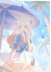  3girls :q absurdres animal_ears balloon beach_umbrella blue_eyes blue_shirt blue_sky climbing_tree cloud coconut_tree day english_text food fox_ears fox_tail hat_on_back highres holding holding_food holding_popsicle hololive hoshimachi_suisei hyde_(tabakko) long_hair multiple_girls outdoors palm_tree popsicle sakura_miko shirakami_fubuki shirt short_sleeves sitting sky tail tongue tongue_out tree umbrella virtual_youtuber white_hair 