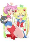  bishoujo_senshi_sailor_moon blonde_hair blue_eyes blue_sailor_collar blue_skirt boots bow chibi_usa choker dress kawasaki_kazuhiko knee_boots long_hair luna-p magical_girl multiple_girls pink_hair red_bow red_choker red_eyes red_sailor_collar sailor_collar sailor_dress sailor_moon sailor_senshi sailor_senshi_uniform skirt tiara tongue tsukino_usagi twintails 