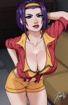  1girl alternate_breast_size arm_up artist_name ashe_(overwatch) black_panties breasts cleavage collarbone commentary cosplay cowboy_bebop english_commentary faye_valentine faye_valentine_(cosplay) green_eyes hairband hand_on_own_hip highres large_breasts lipstick looking_at_viewer makeup overwatch overwatch_2 panties pink_nails purple_hair short_hair shorts solo standing thighs underwear xinaelle yellow_hairband yellow_shorts 