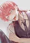  1boy cherry close-up ear_piercing food from_below fruit green_eyes highres necktie piercing pink_hair sanzu_haruchiyo scar scar_on_face suit tokyo_revengers tongue tongue_out wolf_cut 