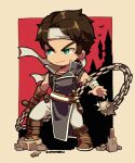  1boy ball_and_chain_(weapon) border brown_footwear brown_gloves brown_hair castlevania_(series) closed_mouth dagger full_body gloves green_eyes headband knife kotorai male_focus no_nose pants richter_belmont signature single_glove smile solo weapon white_border white_headband white_pants 