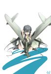  aircraft airplane all_fours black_hair ef_128 green_eyes jet long_hair mecha_musume military nano original sitting solo world_war_ii 