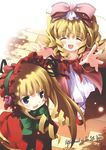  :d artist_request blonde_hair blue_eyes blush_stickers bow closed_eyes drill_hair hair_bow headdress highres hina_ichigo long_hair multiple_girls open_mouth pink_bow rozen_maiden shinku smile twin_drills twintails 