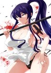  apron black_panties blue_eyes breasts busujima_saeko cleavage highres highschool_of_the_dead knife large_breasts legs long_hair naked_apron nearly_naked_apron panties ponytail purple_hair side-tie_panties solo tipo_(tipoplaza) underwear weapon 