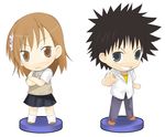  1girl bad_id bad_pixiv_id brown_eyes brown_hair chibi faux_figurine hair_ornament hairpin kamijou_touma misaka_mikoto school_uniform skirt to_aru_kagaku_no_railgun to_aru_majutsu_no_index uniform yana 