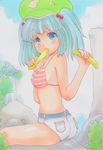  absurdres belt bikini_top blue_eyes blue_hair cucumber denim denim_shorts eating face hair_bobbles hair_ornament hat highres kawashiro_nitori nishina_masato short_hair short_shorts shorts sitting solo swimsuit touhou twintails two_side_up 