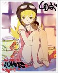  bad_id bad_pixiv_id bakemonogatari barefoot blonde_hair doughnut eating feet food goggles goggles_on_head helmet legs long_hair long_legs monogatari_(series) oshino_shinobu solo strap_slip yellow_eyes yume_mizuumi 