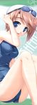  absurdres bekkankou blue_eyes brown_hair goggles goggles_on_head highres komaki_manaka official_art one-piece_swimsuit open_mouth school_swimsuit short_hair sitting solo swimsuit to_heart_2 wet 
