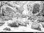  barefoot cirno etogami_kazuya greyscale highres monochrome nature rock solo stream touhou wallpaper water waterfall wings 