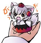  animal_ears chibi detached_sleeves fang hands hat in_palm inubashiri_momiji minigirl o_o out_of_frame pov pov_hands solo_focus tail tokin_hat touhou white_hair wolf_ears wolf_tail yume_shokunin 