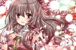  bad_id bad_pixiv_id blush brown_eyes brown_hair detached_sleeves frills gloves hair_tubes hakurei_reimu long_hair middle_finger nanase_nao ofuda sarashi smile solo touhou 