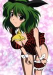  alternate_costume animal_ears ascot breasts bunny_ears bunnysuit checkered cleavage fake_animal_ears green_hair highres kazami_yuuka large_breasts leaning_forward leg_garter short_hair smile solo touhou vest wrist_cuffs yadokari_genpachirou 