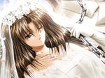  bdsm bondage bound bridal_veil bride brown_eyes brown_hair chain couple dress dutch_angle femdom flower gloves groom hetero jewelry leash long_hair necklace one_eye_closed open_mouth petals smile solo takaaki veil virgin_bride wedding_dress when_you_see_it white_gloves 