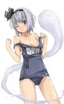  absurdres bad_id bad_pixiv_id bare_shoulders blue_eyes bob_cut breasts cleavage collarbone face flat_chest ghost hair_ribbon highres konpaku_youmu konpaku_youmu_(ghost) medium_breasts one-piece_swimsuit one_eye_closed ribbon school_swimsuit short_hair silver_hair simple_background solo standing strap_slip swimsuit touhou wet xiao_qiang_(overseas) 
