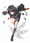  bent_over bike_shorts black_hair fan japanese_clothes kawajuu legs original running sheath solo spandex sword unsheathing weapon 