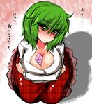  between_breasts blush breast_lift breasts cleavage envelope from_above green_hair happy_birthday kazami_yuuka large_breasts long_skirt looking_at_viewer looking_up plaid plaid_skirt red_eyes red_skirt roki_(hirokix) short_hair sitting skirt solo touhou translated unmoving_pattern 