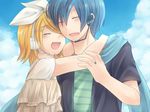  1girl blonde_hair blue_hair closed_eyes headphones hug kagamine_rin kaito shinyae vocaloid 