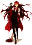  alcohol chainsaw glasses grell_sutcliff grin kunimitsu kuroshitsuji long_hair male_focus red_eyes red_hair simple_background smile solo wine 