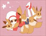  annoyed brown_eyes brown_hair cabbie_hat eevee gen_1_pokemon hat hat_ribbon kotone_(pokemon) lying mekonu_(mknn) pokemon pokemon_(creature) pokemon_(game) pokemon_hgss red_ribbon ribbon sleeping 