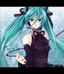  aqua_eyes aqua_hair bow bowtie detached_sleeves hatsune_miku headset long_hair naka_53 serious solo twintails very_long_hair vocaloid 