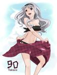  bad_id bad_pixiv_id bandeau checkered hairband idolmaster idolmaster_(classic) long_hair print_sarong purple_sarong red_eyes sarong sarong_removed shijou_takane silver_hair solo swimsuit zinzen 