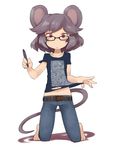  :&lt; alternate_costume animal_ears barefoot belt bespectacled casual contemporary denim glasses grey_hair jeans masha maze mouse_ears nazrin pants solo stylus tail touhou 