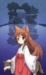  animal animal_ears hill japanese_clothes long_hair meow_(nekodenki) miko night original red_eyes reflection shrine solo star tail torii tree water wolf wolf_ears wolf_tail 
