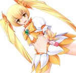  bad_id bad_pixiv_id bangs blonde_hair blush bow choker cure_sunshine eto eyebrows_visible_through_hair flat_chest flower hair_ribbon heart heartcatch_precure! long_hair magical_girl midriff myoudouin_itsuki navel orange_(color) orange_bow orange_choker orange_skirt precure ribbon skirt smile solo twintails very_long_hair white_background wrist_cuffs yellow_bow 