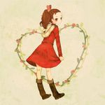  arrietty backpack bad_id bad_pixiv_id bag blush boots brown_eyes brown_hair clothes_pin dress dress_tug hair_ornament heart karigurashi_no_arrietty long_hair looking_back mizutamako ponytail smile solo standing turtleneck 