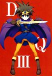  androgynous blue_eyes boots brown_hair cape circlet copyright_name dragon_quest dragon_quest_iii elbow_gloves gloves highres pantyhose red_background roto solo sword tomose_shunsaku weapon yellow_legwear 