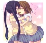  ^_^ bad_id bad_pixiv_id black_hair brown_eyes brown_hair closed_eyes food hirasawa_yui hug k-on! long_hair multiple_girls nakano_azusa o3o pocky pocky_kiss school_uniform shared_food shiwasuzuki short_hair sweater_vest twintails yuri 