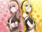  aqua_eyes back-to-back bare_shoulders blonde_hair blue_eyes catgirl0926 eyeshadow headphones lily_(vocaloid) long_hair looking_at_viewer makeup megurine_luka multiple_girls navel pink_hair vocaloid 