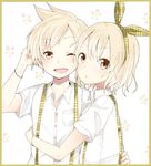  1girl bad_id bad_pixiv_id blonde_hair brother_and_sister hair_ribbon kagamine_len kagamine_rin one_eye_closed pun2 ribbon short_hair siblings smile twins vocaloid yellow_eyes 