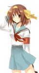  armband bad_id bad_pixiv_id brown_eyes brown_hair hair_ribbon hairband kita_high_school_uniform newpe ribbon school_uniform serafuku short_hair solo suzumiya_haruhi suzumiya_haruhi_no_yuuutsu 