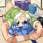  98se-tan blue_eyes blue_hair bottle_opener hair_bobbles hair_ornament laundry_basket looking_at_viewer lying navel on_back os-tan school_uniform serafuku short_hair skirt solo tatami toushi_ryoku upside-down younger 