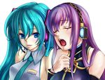  aqua_eyes aqua_hair closed_eyes ekoda_(piapro) hatsune_miku headphones headset long_hair megurine_luka multiple_girls music necktie open_mouth pink_hair singing smile twintails vocaloid 