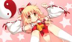  armpits ascot bad_id bad_pixiv_id blonde_hair bottomless bow braid cosplay detached_sleeves hair_bow hair_ribbon hakurei_reimu hakurei_reimu_(cosplay) kirisame_marisa lying navel on_back ribbon short_hair solo spread_legs star tears touhou umekichi yellow_eyes yin_yang 