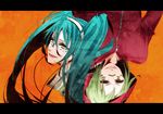  aqua_eyes aqua_hair bad_id bad_pixiv_id green_eyes green_hair gumi hatsune_miku headphones hood hoodie letterboxed lip_piercing long_hair looking_at_viewer matryoshka_(vocaloid) multicolored multicolored_eyes multiple_girls orange_background piercing rasshel red_eyes short_hair simple_background smile twintails upside-down vocaloid yellow_eyes 